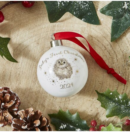 Wrendale Design Julgranskula - Baby's First Christmas (Owl) 7cm diam.